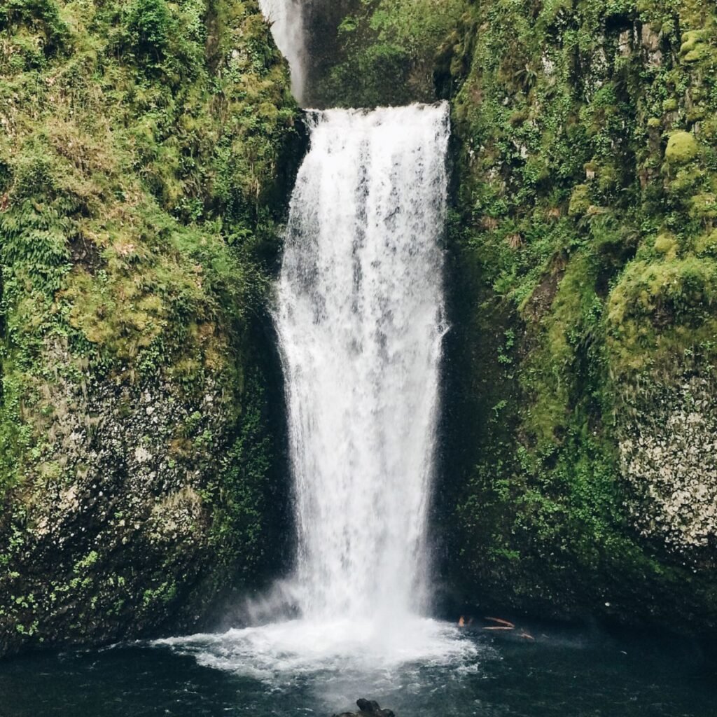 Cachoeira em meio à mata verde.